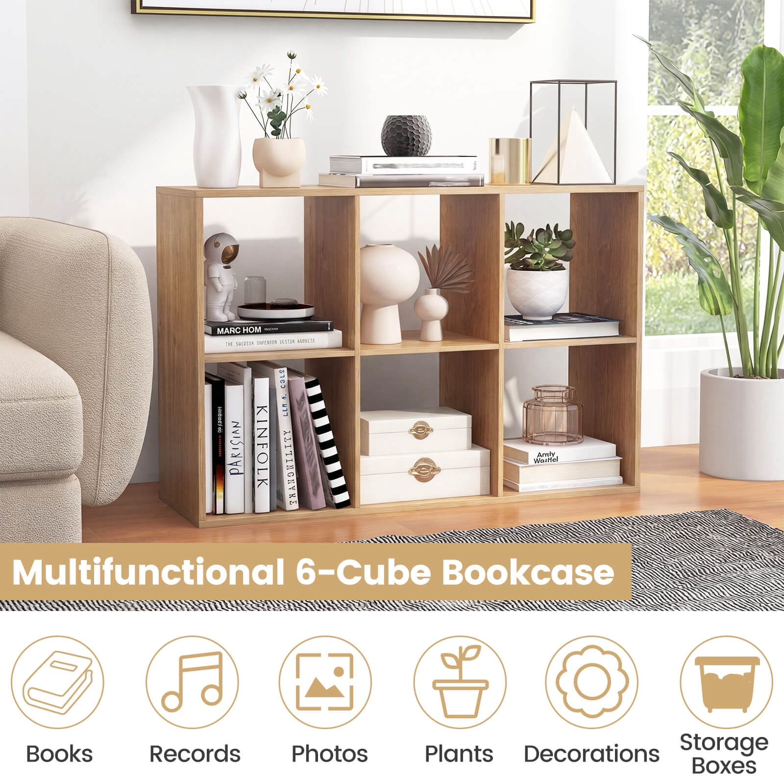 Costway 6-Cube Bookshelf, Modern Cubby Bookcase with Back Guardrail & Anti-tipping Kits Natural