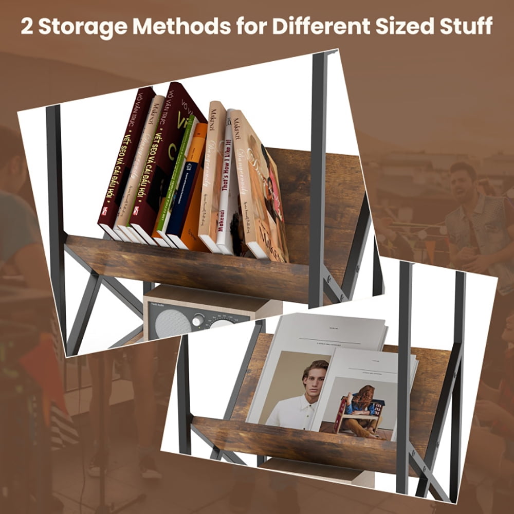 Finihen End Side Table, 3-Tier Industrial Side Table with V-shaped Bookshelf, Bed Side Tables, for Living Room, Bedroom, Rustic Brown Finihen End Side Table, 3-Tier Industrial Side Table with V-shaped Bookshelf, Bed Side Tables, for Living Room, Bedroom, Rustic Brown