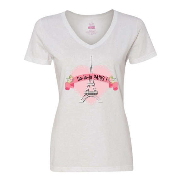 Inktastic Paris Oo-la-la with Eiffel Tower and Flowers in Pink Heart Women's V-Neck T-Shirt
