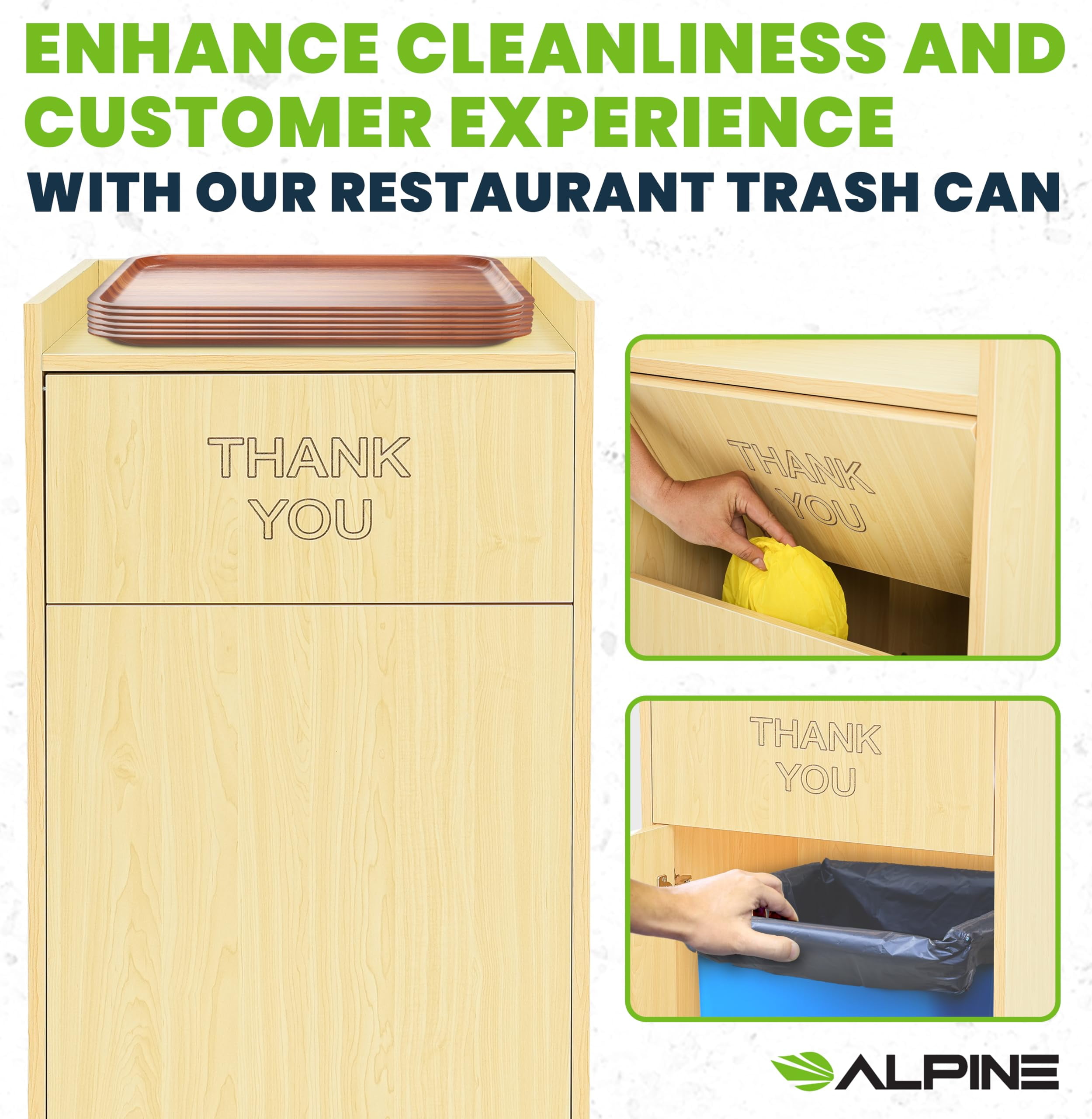 Alpine Restaurant Trash Can Cabinet - Thank You Trash Can Commercial Trash Can 40 Gallon, Garbage Receptacle with Tray Holder for Restaurants, Cafeterias (Oak)