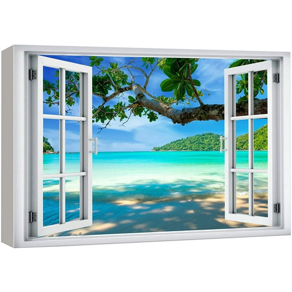 wall26 Canvas Print Wall Art Window View Tropical Island Beach Paradise Vacation Wilderness Nature Photography Realism Scenic Landscape Colorful Multicolor for Living Room, Bedroom, Office - 32"
