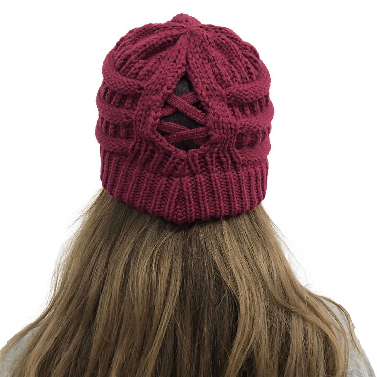 Criss Cross Ponytail Beanie for Women - Warm Winter Knit Hat with Ponytail Hole HAWEE Womens Ponytail Beanie Hat with Button for Mask, Criss  main image 4