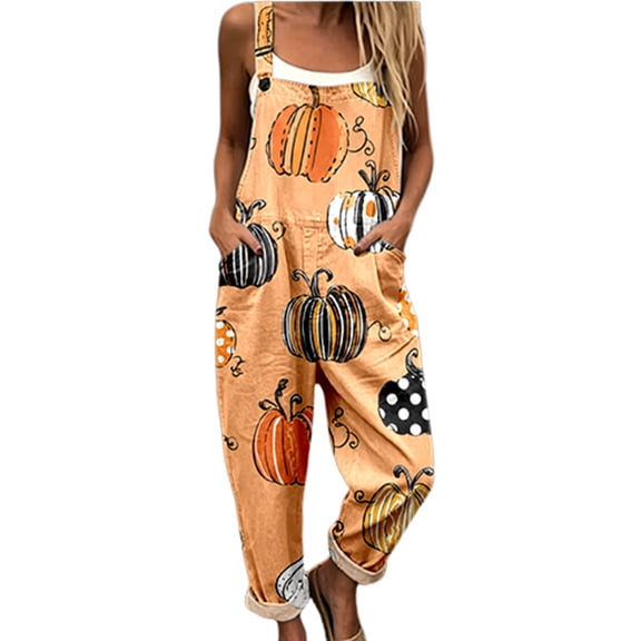 XINPING Halloween Jumpsuits for Women 2026 Sleeveless Pumpkin Print Rompers Pants Baggy Overalls Wide Leg Rompers Pants with Adjustable Spaghetti Strap