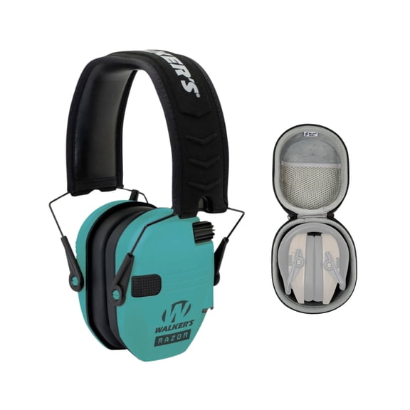 Walker's Razor Compact Electronic Ear Muff (Teal) Bundle with Hearing Protection Case (2 Items)