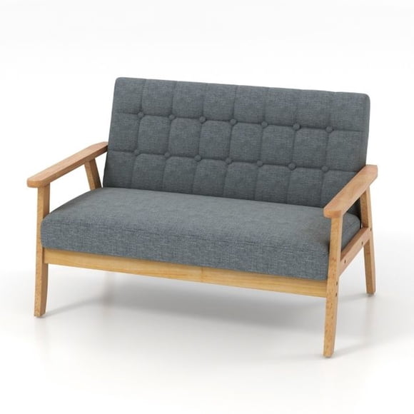 Causeuse Moderne 2 Places avec Cadre en Bois de Caoutchouc Massif, Revêtement en Tissu de Lin Capitonné et Siège Rembourré, Canapé d'Appoint Compact pour Salon, Chambre, Appartement Ou Bureau, Gris