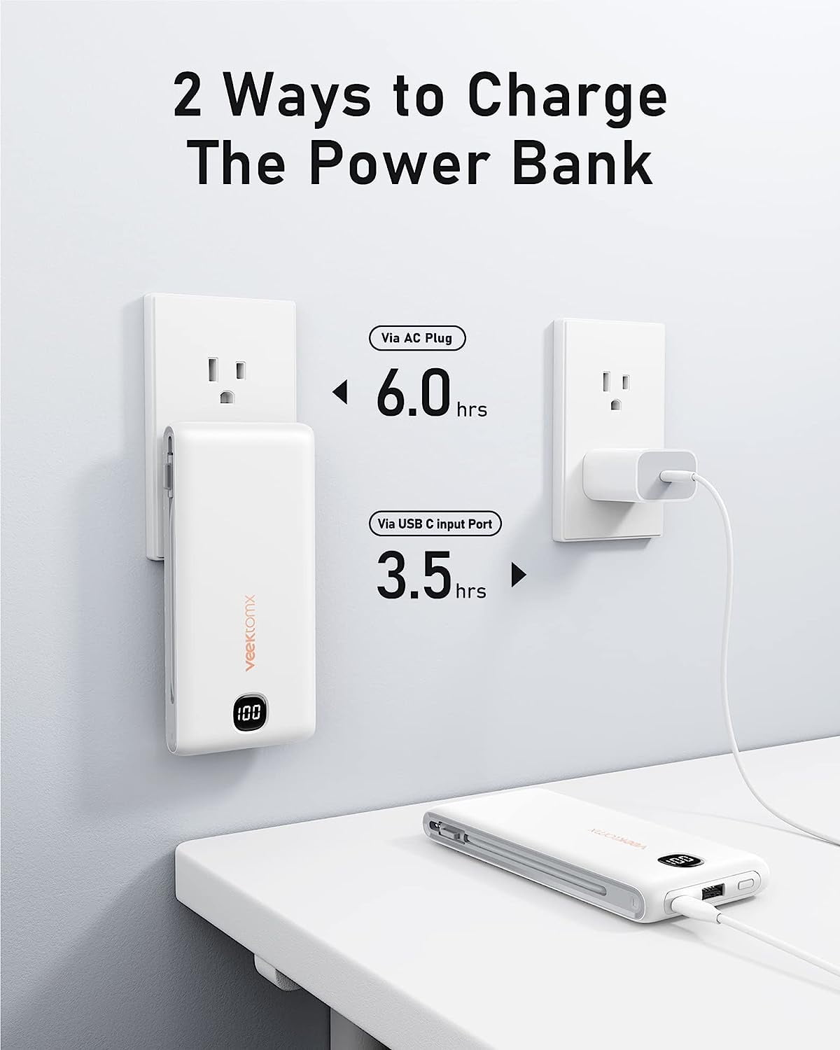 Portable Charger with Built in Cables 10000mAh Power Bank for iPhone AC Wall Plug Fast Charging USB C Slim Battery Pack LED Display Compatible 17/16/15 Samsung