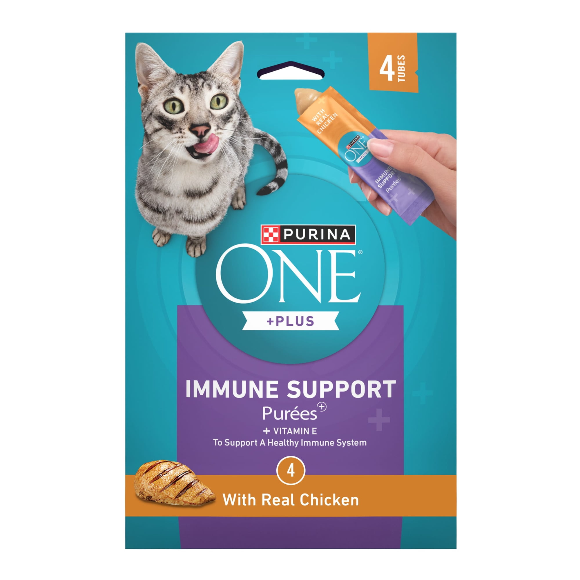 Purina ONE Plus Immune Support Purees With Real Chicken Lickable Cat Treats, 1.4 oz.