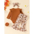 thumbnail image 3 of Suealasg Baby Girl Halloween Outfit 3Pcs Newborn Girl Fall Winter Clothing 3 6 12 18 24 Months Infant Girl Letter Print Long Sleeve Romper Pumpkin Print Flare Pants Headband Set, 3 of 7