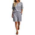 thumbnail image 3 of AHTJRT Plus Size Summer Sets for Women Cotton V Neck Short Sleeve Tops and Drawstring Shorts Casual Beachwear Vacation Travel Outfits Gray XL, 3 of 8