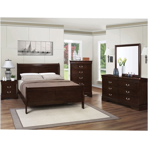 JERFIT 5-Piece Queen Sleigh Bedroom Set in Cappuccino Finish, Wood Dresser, Mirror, Chest & Nightstand