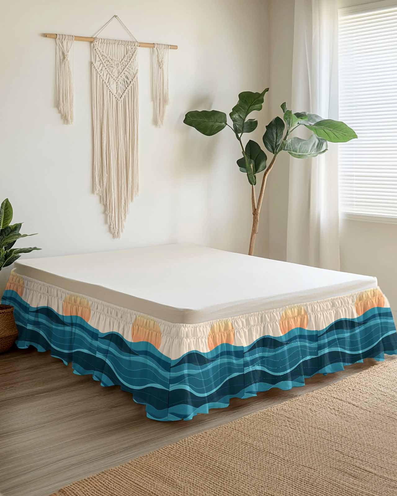 Teal Waves Wrap Around Bed Skirts for Queen Bed 18" Drop, Bed Skirt with Adjustable Elastic Belt Dust Ruffle Bed Valance for Bedroom Hotel Luxury Watercolor Sun Turquoise Ombre Bed Frame Cover