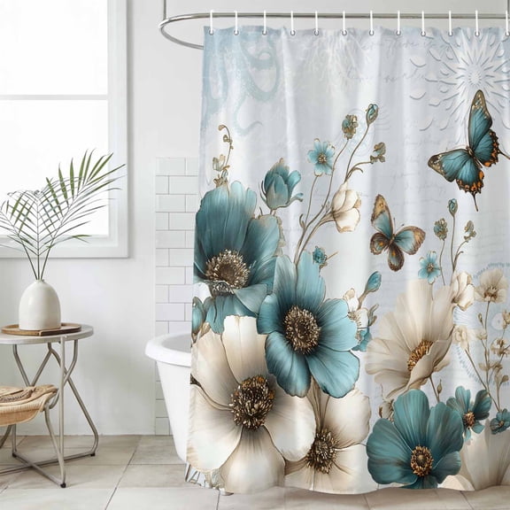 Teal Tulip Butterfly Shower Curtain Set, Waterproof Shower Curtains for Bathroom, Beige Turquoise Floral Blue Coastal Washable Fabric Cloth Bath Curtain for Bathtub Decoration with Hooks 54x78 Inches