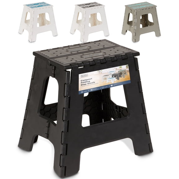 BLACK DECKER 16" Folding Step Stool, Non-Slip Surface, Holds Up to 350 lbs, Compact & Portable with Carry Handle, Black/Gray