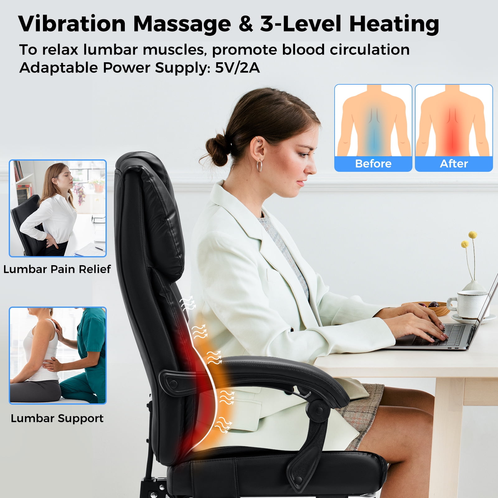 Hoffree Massage Office Chair with Heat Home Office Desk Chair with Retractable Footrest High Back Executive Leather Chair Reclining Office Chair with Lumbar Back Support for Office