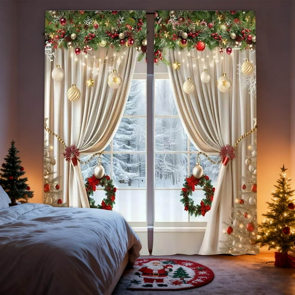 Upgraded Christmas Rod-Through Champagne Tied Christmas Ball Wreath Outdoor Printed Decorative Curtains K