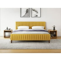 Omax Decor Spencer Wood/Fabric Upholstered King Platform Bed in Mustard