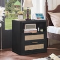 thumbnail image 3 of Rattan Nightstand, Boho Bedside Table with Open Shelf 2 Drawers, Rattan End Table Nightstand, Rattan Bedside Table with Charging Station, for Bedroom, Black, 3 of 9