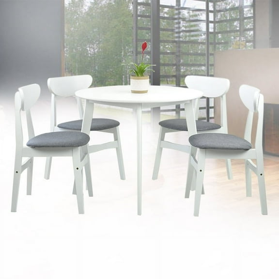 Dining Room Set of 4 Yumiko Chairs and Round Dining Table Kitchen Modern Solid Wood w/Padded Seat, White Color with Light Gray Cushion