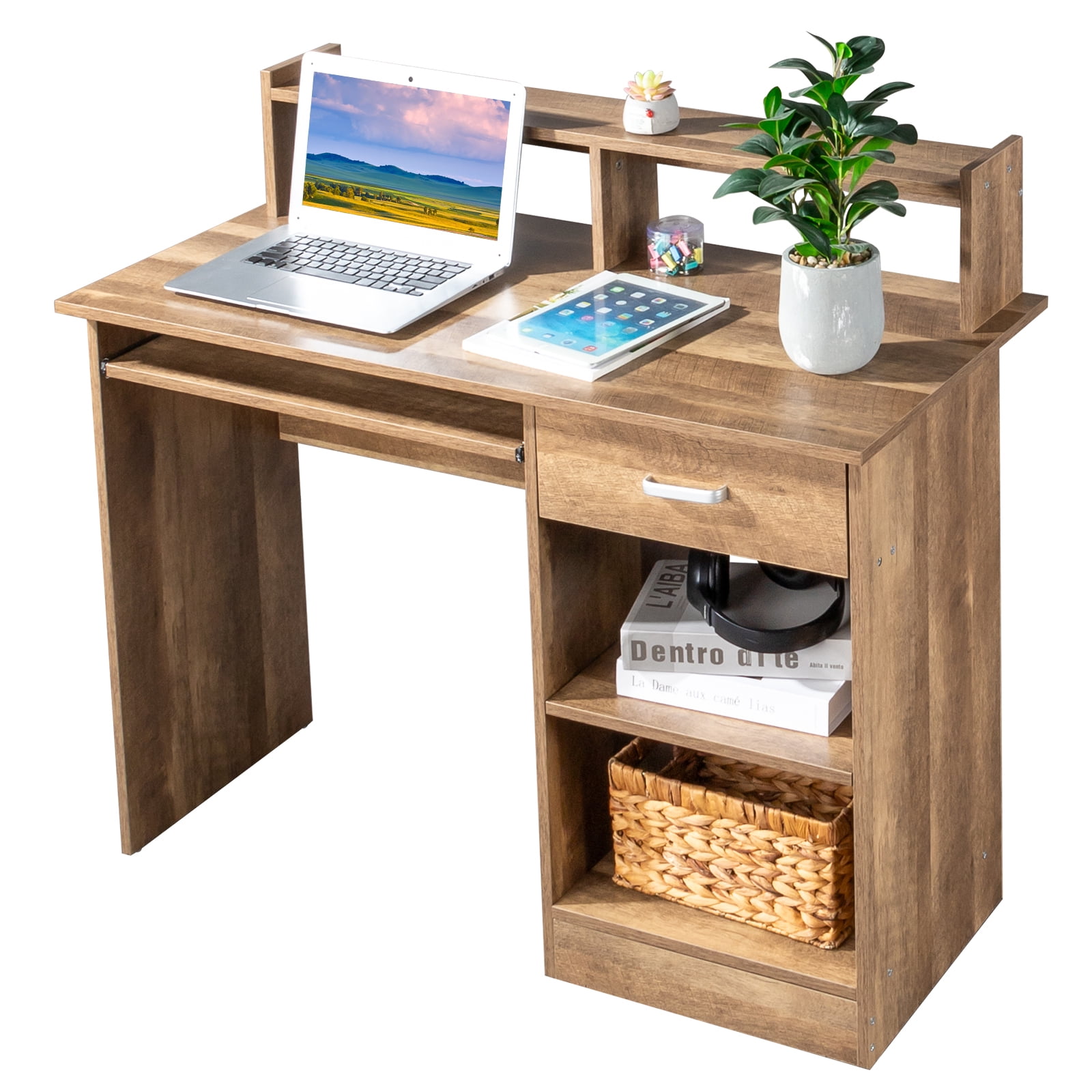 Ktaxon Gaming Desk with Keybroad Tray&Drawers, Computer Desk with Desktop Storage Rack& Adjustable Shelf Cabinet for Home Office, Natual