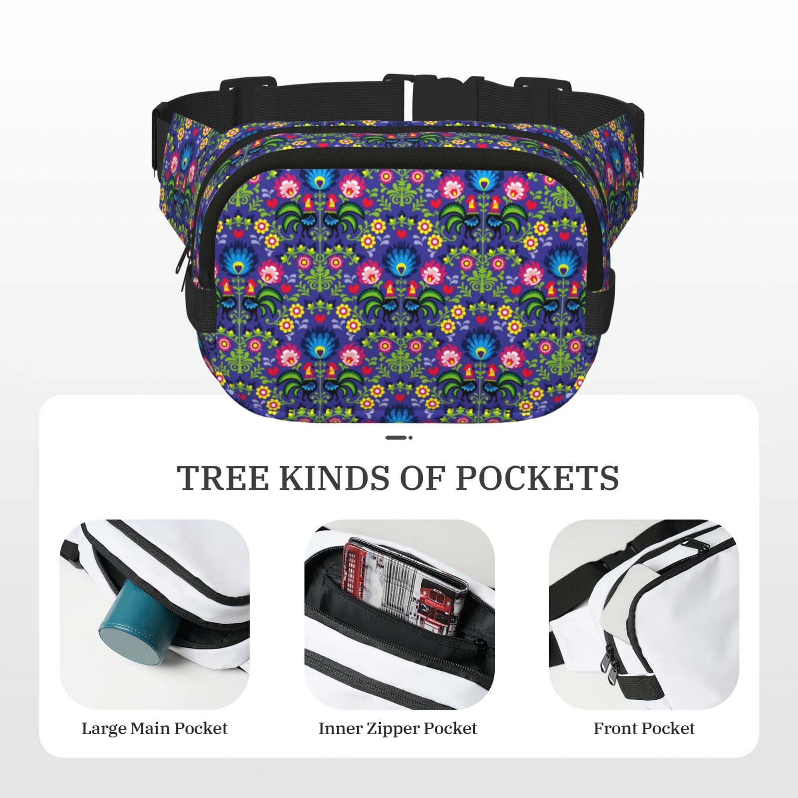 Picia Roosters 1 Print Square Double-Layer Waist Bag Mini Adjustable Waist Belt Bag Exercise Running Travel Hiking