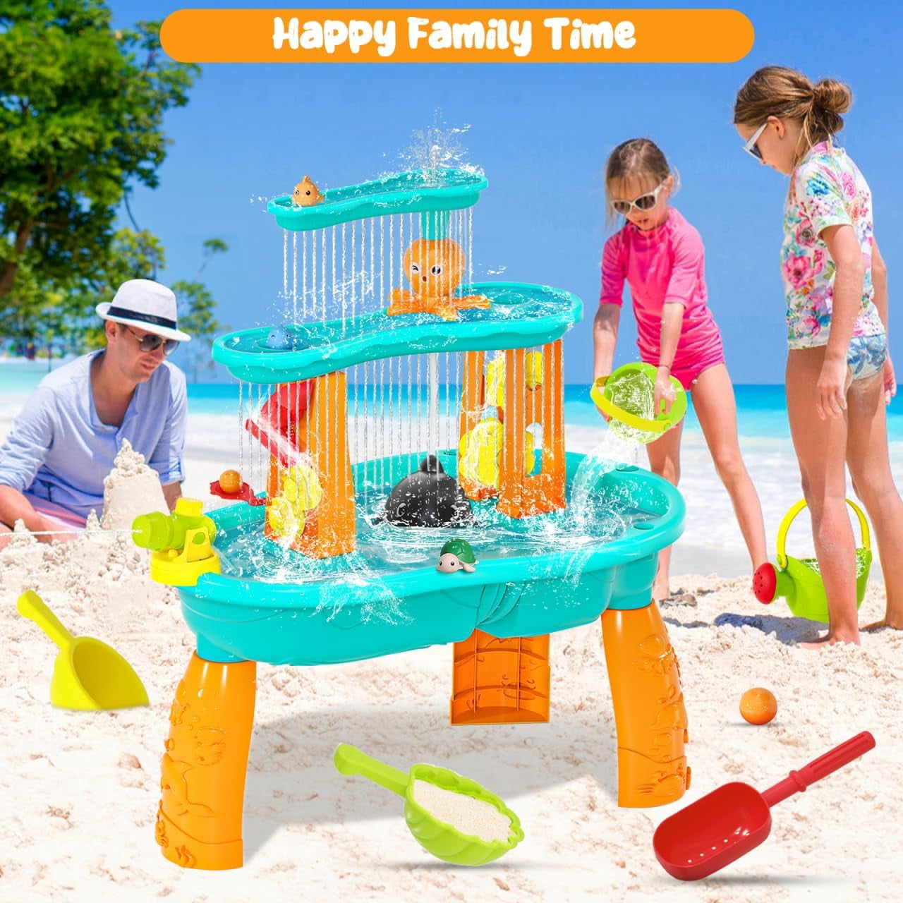 Toddler Water Table, Auto Water-Absorbing 3-Tier Kids Water and Sand Activity Table with Umbrella & 20PCS Water Toy Accessories, Outdoor Water Play Toys Sensory Playset Summer Gift for Age 3+