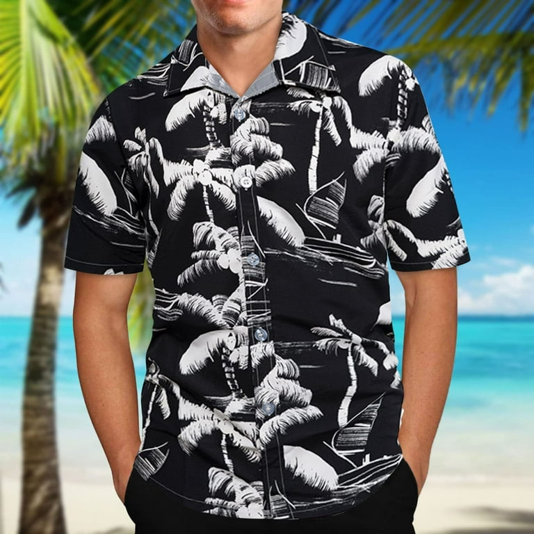 Zcfzjw Mens Summer Tropical Shirts Summer Floral Print Short Sleeve Button Down Aloha Hawaiian Shirts Big and Tall Regular Fit T-Shirt Top Black