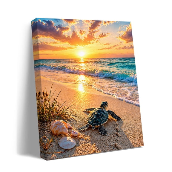 Baby Sea Turtle Canvas Wall Art, Ocean Sunset Beach Print, Coastal Nautical Decor for Living Room & Bathroom