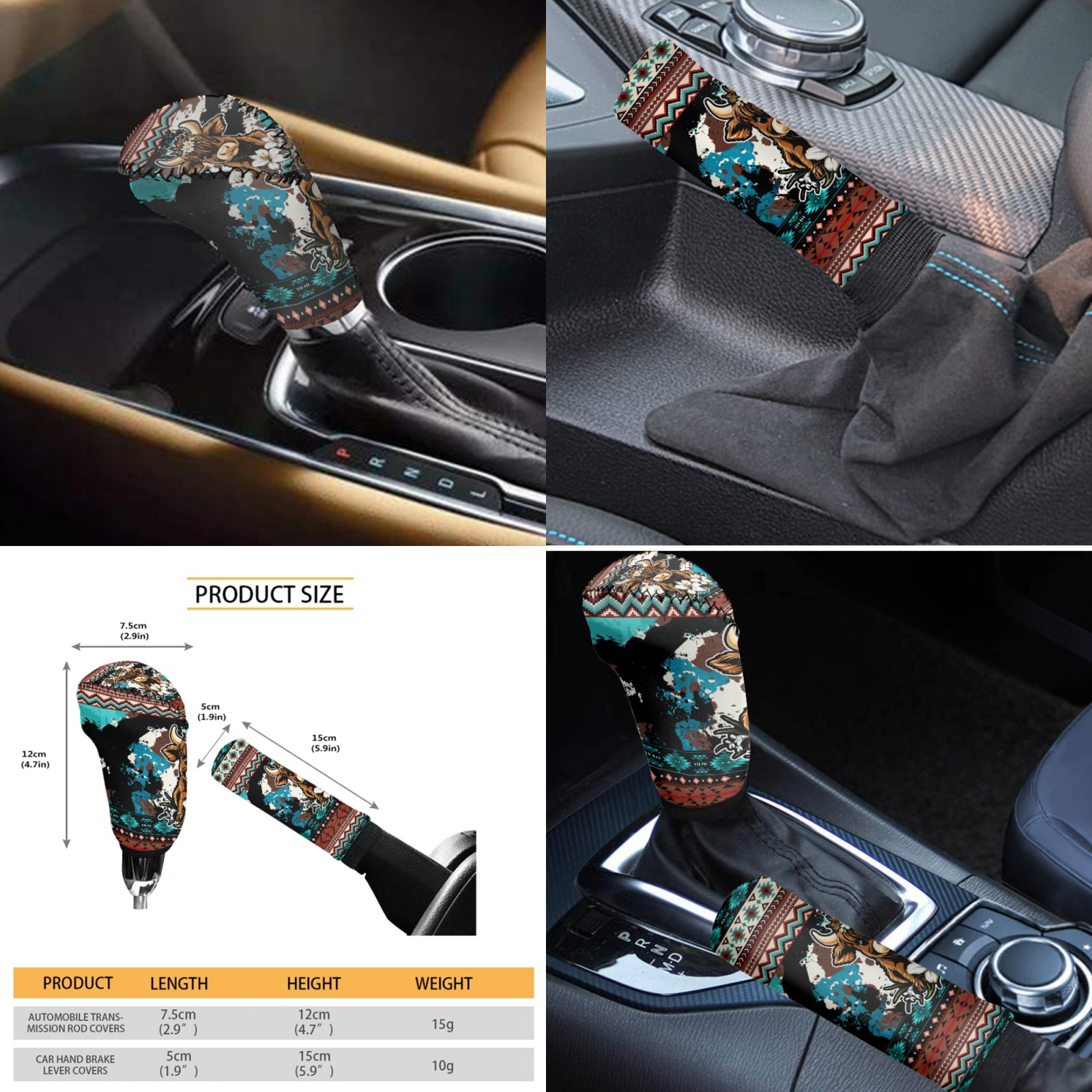 Renewold American Tribal Highland Cow Lily Car Seat Cover Full Set 11 Pack, with Steering Wheel Cover Coasters Gear Shift Knob Cover Handbrake Protector Headrest Protector Auto Decor Universal Fit