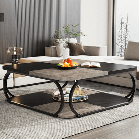 Tribesigns Square Coffee Table with 2 Tiers 40 inches Farmhouse Coffee Table with Wood Storage Shelf Heavy Duty Metal Curved Frame for Living Room Black Grey