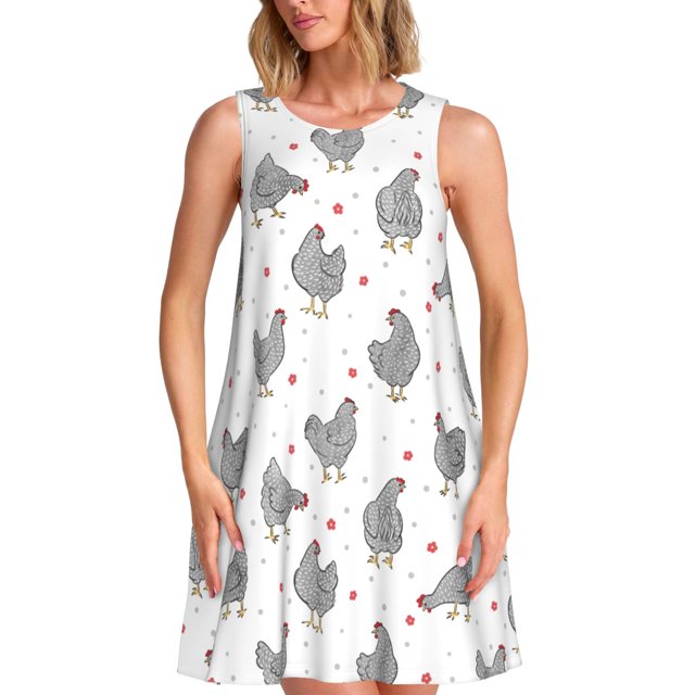 Easygdp Funny Chicken para Vestido Transpirable de Mujer, Vestido Suelto de Manga Corta con Pliegues y Bolsillos para el Verano