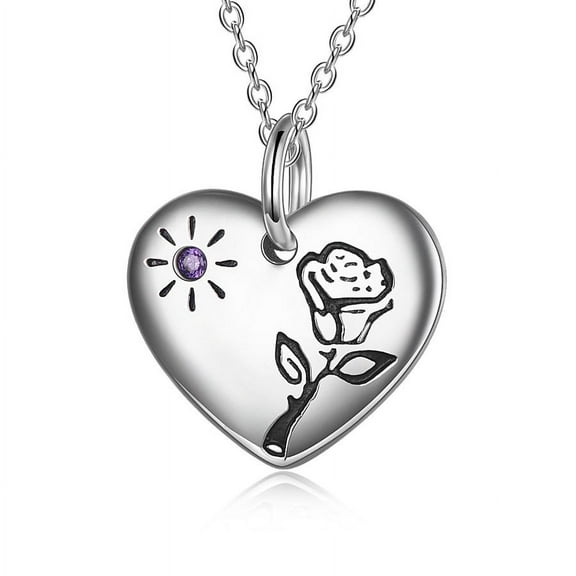 Sterling Silver Birth Month Flower Necklace Floral Heart Pendant Necklaces Dainty Personalized Jewelry with Birthstone Birthday