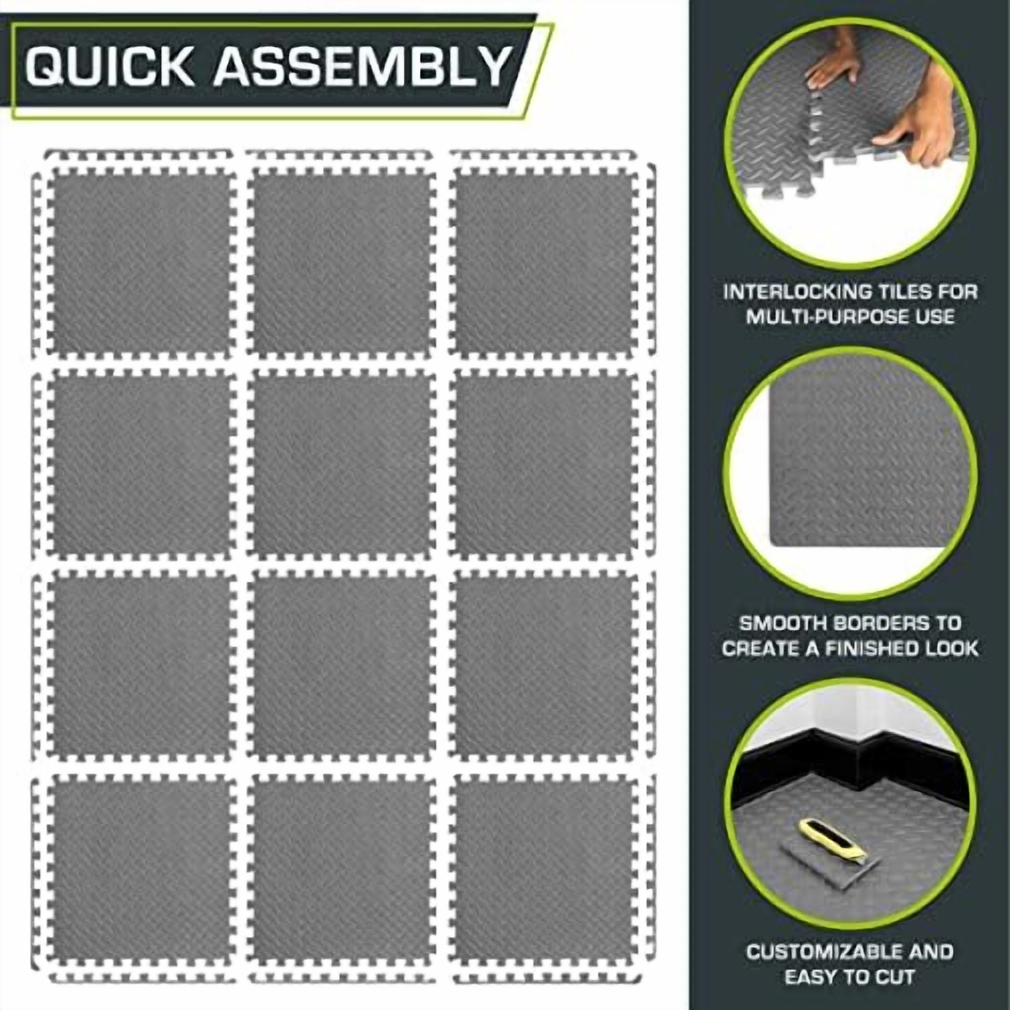 Puzzle Exercise Mat ½ in, EVA Interlocking Foam Floor Tiles for Home Gym, Mat for Home Workout Equipment, Floor Padding for Kids, Grey, 24 in x 24 in x ½ in, 48 Sq Ft - 12 Tiles
