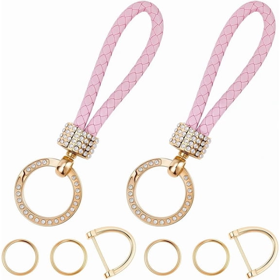 2PCS Rope PU Leather Keychain with Rhinestone 2 Keyring D-Ring Metal Clip Diamond Studded Leather Keychain Pearl Pink for making