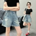 thumbnail image 2 of LIIPEE Girls Jeans Shorts Summer Fashion Bowknot Stretch Elastic Waist Denim Shorts With Pocket Girls Trendy Beach Vacation Daily Wear Shorts,Blue,12-13 Years, 2 of 9