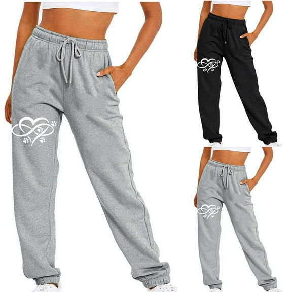 safuny Women's Jogger Sweatpants Sports Running Relaxed Trousers Trendy Heart Teen Girls Elastic Waist Drawstring Casual Comfy Workout Black L