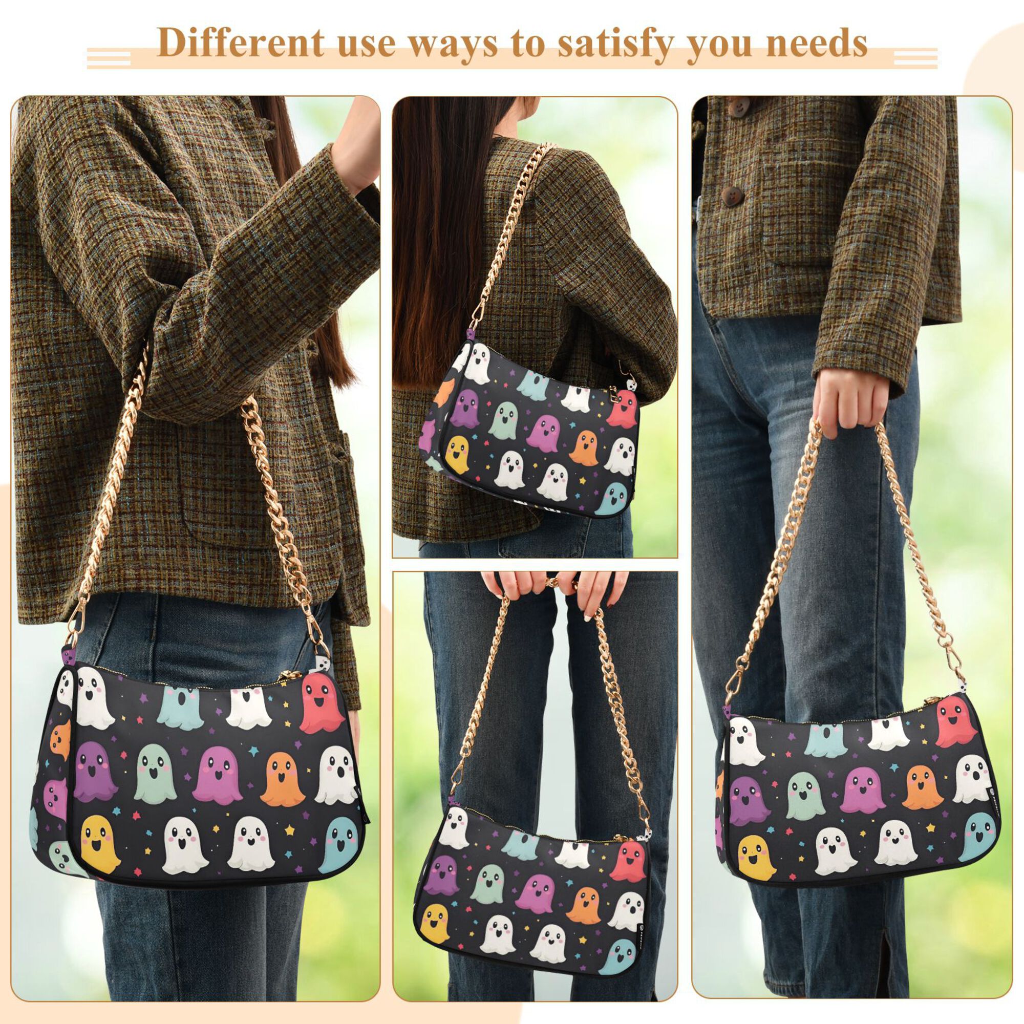 FORMRS Womens Shoulder Bag with Chain Strap Clutch Purse Cute Tote Handbag, Colorful Halloween Ghost