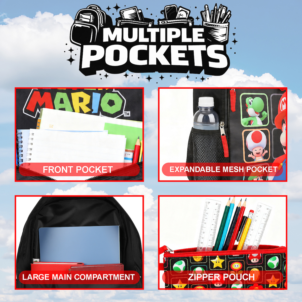 Set de mochila de 5 piezas de Super Mario Bros, de 16", para jóvenes 3