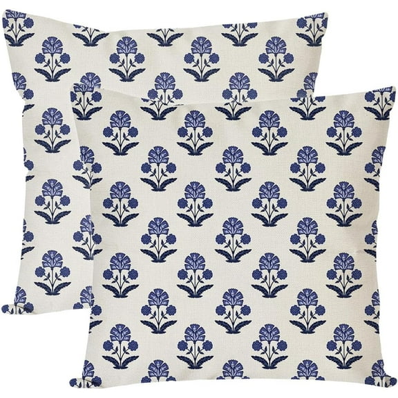 Block Print Throw Pillow Covers 20x20 Inch Set of 2 Blue Vintage Farmhouse Boho Floral Outdoor Decorations Decorative Throw Pillows Cases Cushion Covers for Home Living Room Couch Decor