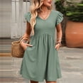 thumbnail image 3 of Dvprdro V Neck Short Flared Sleeve Ruffle Hem Loose A Line Mini Dress for Women Summer Beach Casual Solid, 3 of 7