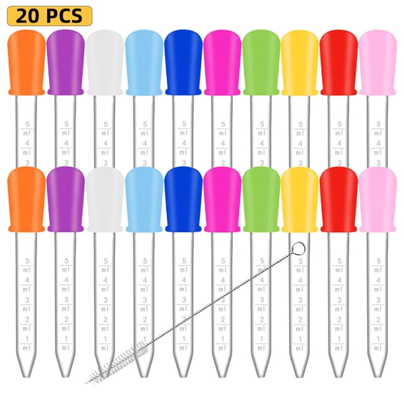 WLGJL 20 Pack Liquid Pipettes Droppers Silicone 5ml Clear Dropper with Bulb Tip & Clean Brush for Candy Mold, Gummy Bear, Gelatin Maker, Crafts (10 Colors)