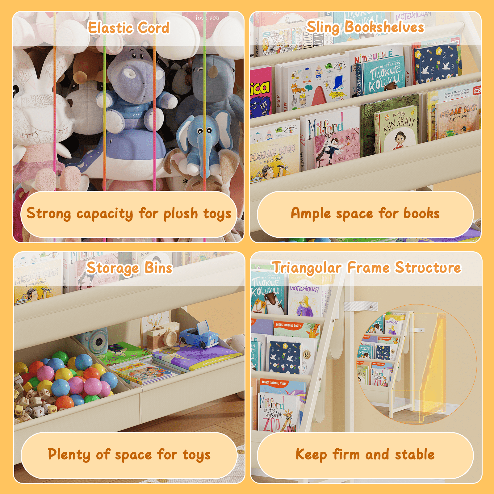 B5 Bookshelf and Toy Storage, Book Shelf for Kids Rooms, Sling Toddler Book Shelves with Stuffed Animal Storage, Montessori Baby Bookcase for Nursery, Bedroom, Playroom, White