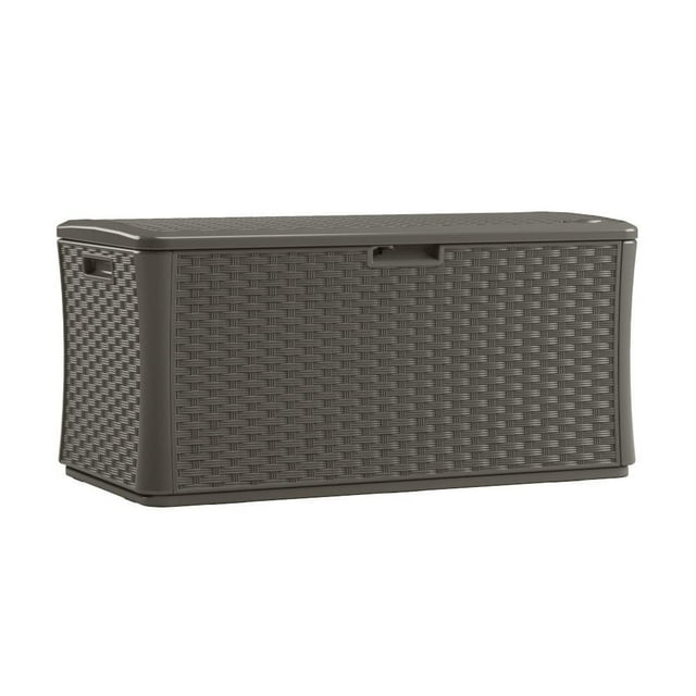 Suncast 134-gallon herringbone patterned deck box in stoney color for outdoor storage.