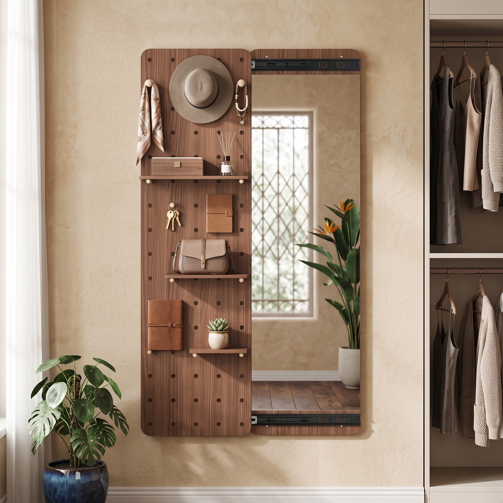 ALPULON Solid Wood Full Length Mirror with Sliding Pegboard, Shelves and 3 Hooks, Wall Mounted HD Floor Mirror for Entryway Bedroom Closet, Brown