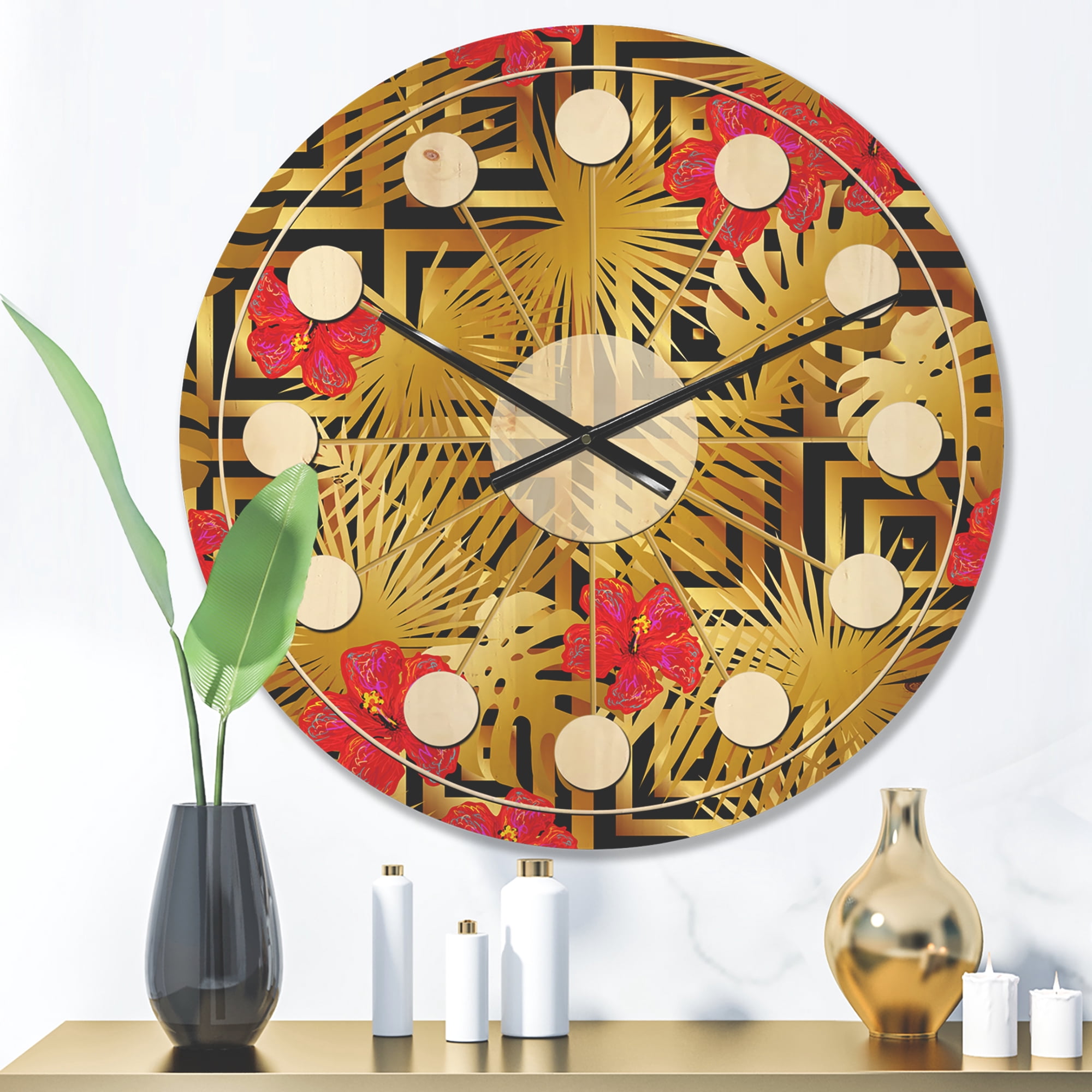 Designart 'Tropical Luxury Gold Pattern I' Mid-Century Modern Wood Wall Clock