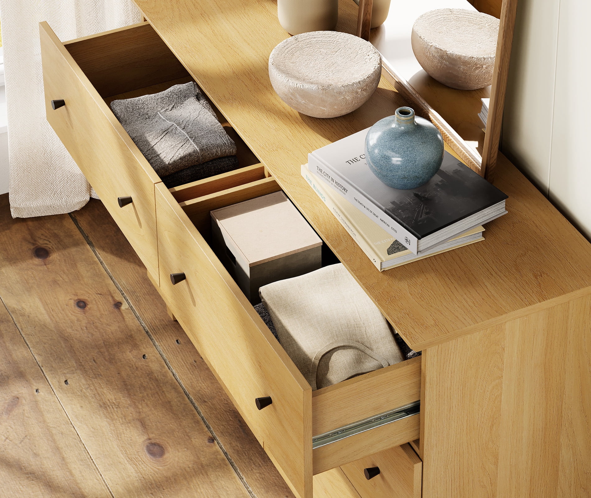 Modern 12-Drawer Double Dresser, Wood Chest of Drawers with Oak Wood Finish, 95" Wide