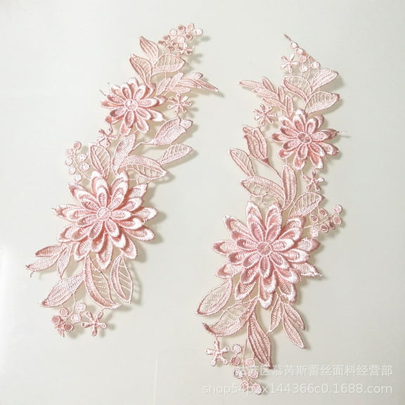 WEUVEB Pink Polyester Embroidery Flower Appliques for DIY Wedding Dresses, 2Pairs