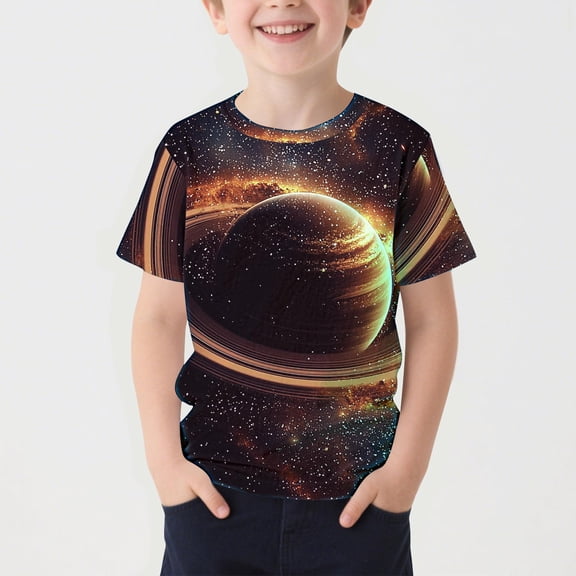 ITSAME T-Shirts for Boys, Round Neck Loose Fit Starry Sky Galaxy Print Kids Stylish Leisure Top Multicolor 12-13T