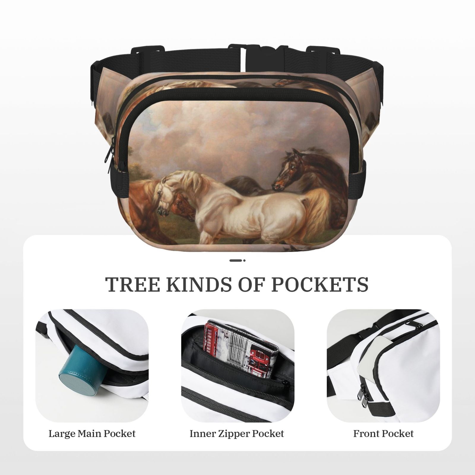 Picia Three Horses Oil Painting Print Square Double-Layer Waist Bag Mini Adjustable Waist Belt Bag Exercise Running Travel Hiking