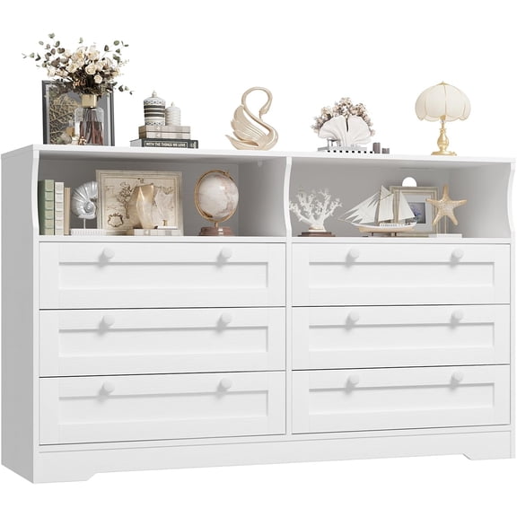 EcoSummer Modern White 6-Drawer LED Dresser - 55" Wide Storage Chest with Built-in Outlets & Lighting