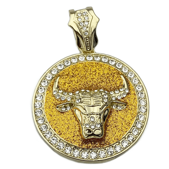 Bull Head Coin Hip Hop Pendant Iced 48MM Round Gold Finish w/ Gold Glitter